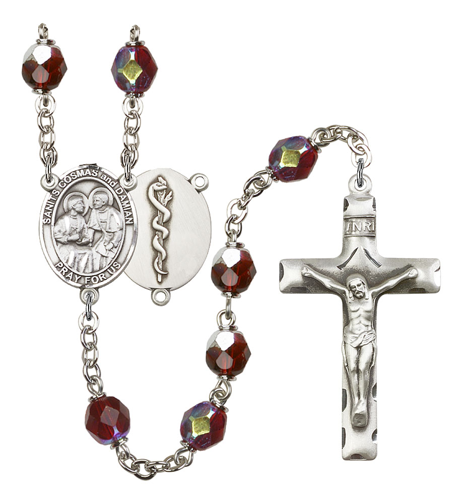 Sebastian-Figure Skating Center and 1 5/8 x 1 inch Crucifix St Sebastian-Figure Skating Rosary with 6mm Saphire Color Fire Polished Beads Gift Boxed Silver Finish St