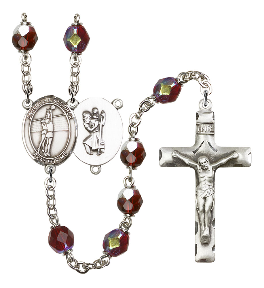 Saint Christopher and Volleyball Rosary with Garnet Aurora Borealis Beads
