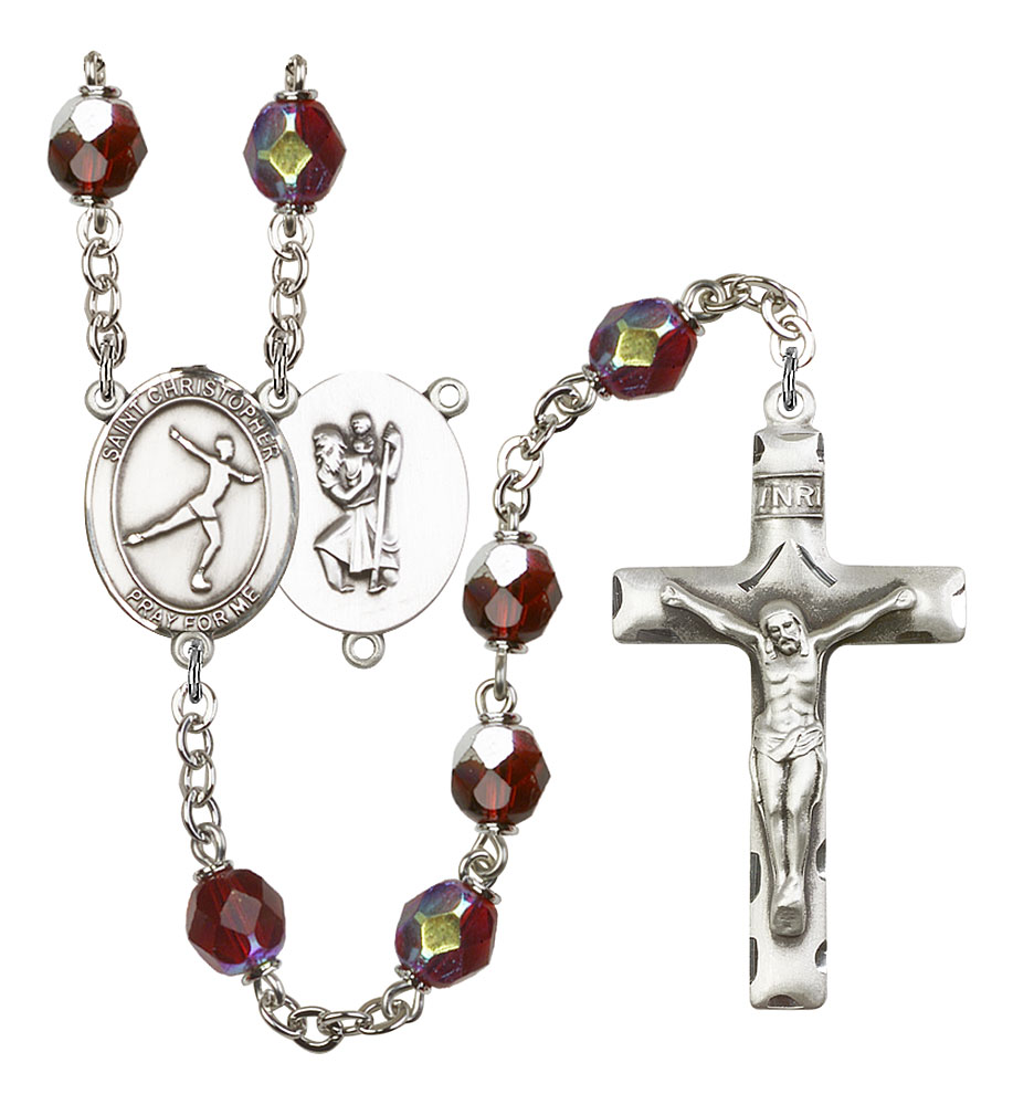 Saint Christopher and Figure Skating Rosary with Garnet Aurora Borealis Beads