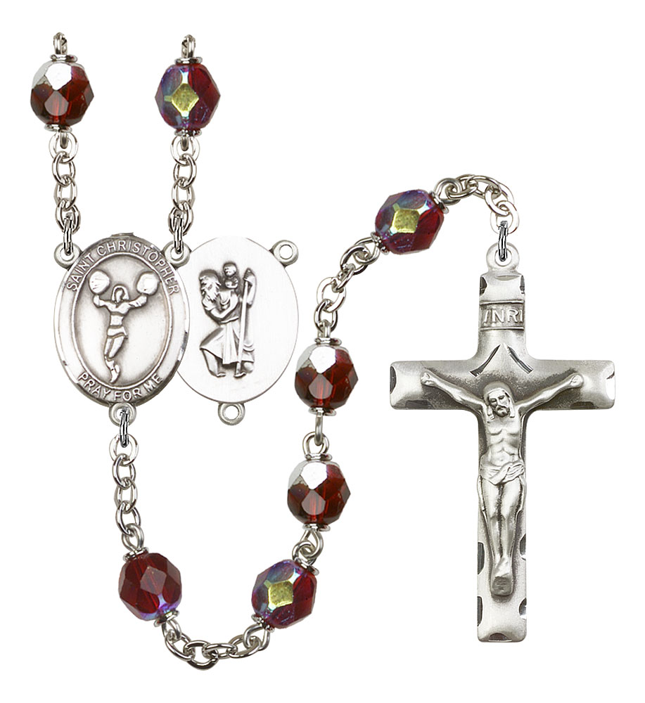 Saint Christopher and Cheerleading Rosary with Garnet Aurora Borealis Beads