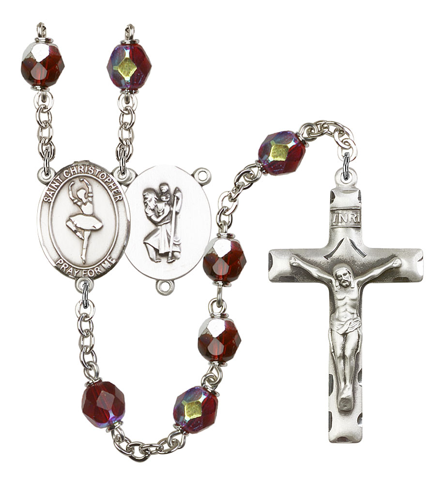 Saint Christopher and Dance Rosary with Garnet Aurora Borealis Beads