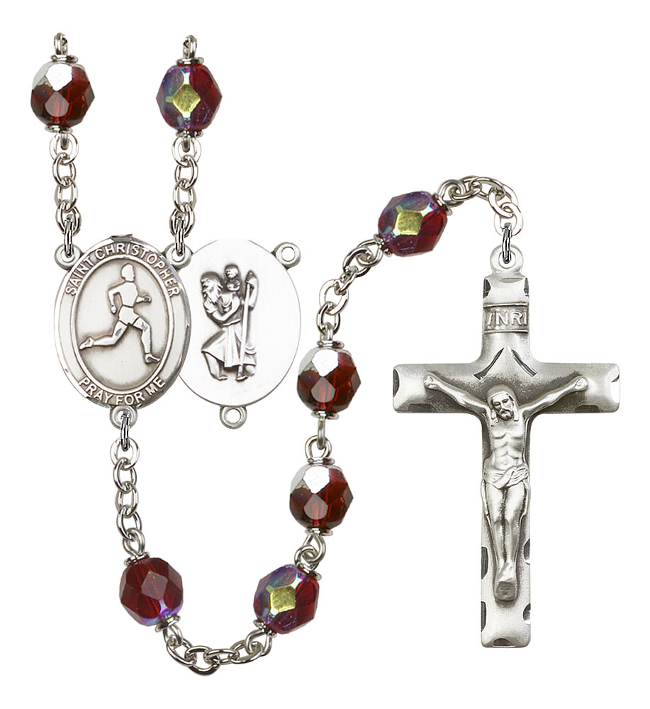 Saint Christopher and Track & Field Rosary with Garnet Aurora Borealis Beads