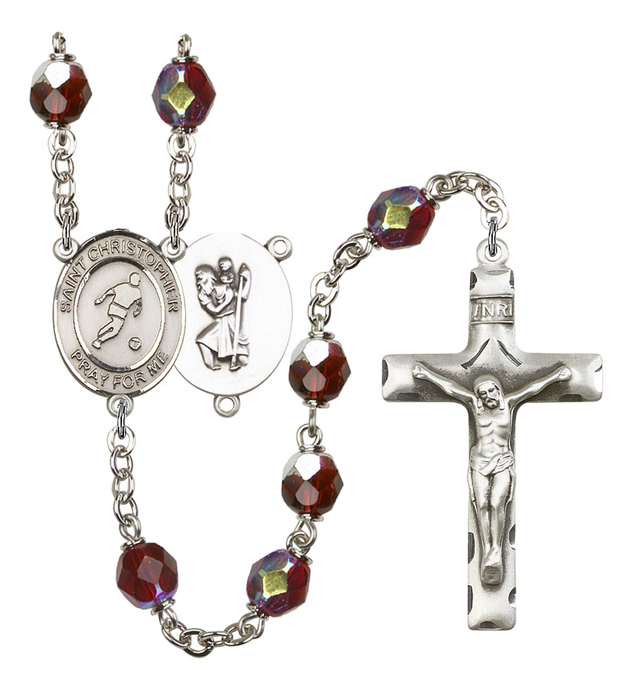 Saint Christopher and Soccer Rosary with Garnet Aurora Borealis Beads