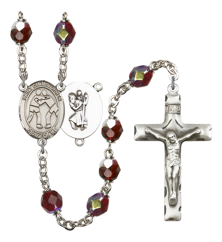 Saint Christopher and Wrestling Rosary with Garnet Aurora Borealis Beads