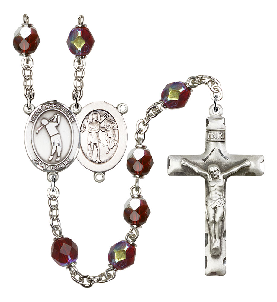 Saint Sebastian and Golf Rosary with Garnet Aurora Borealis Beads