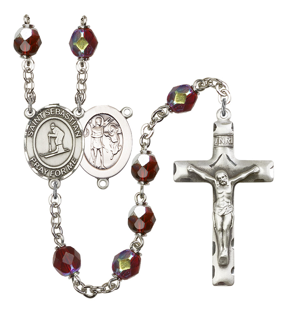 Saint Sebastian and Skiing Rosary with Garnet Aurora Borealis Beads