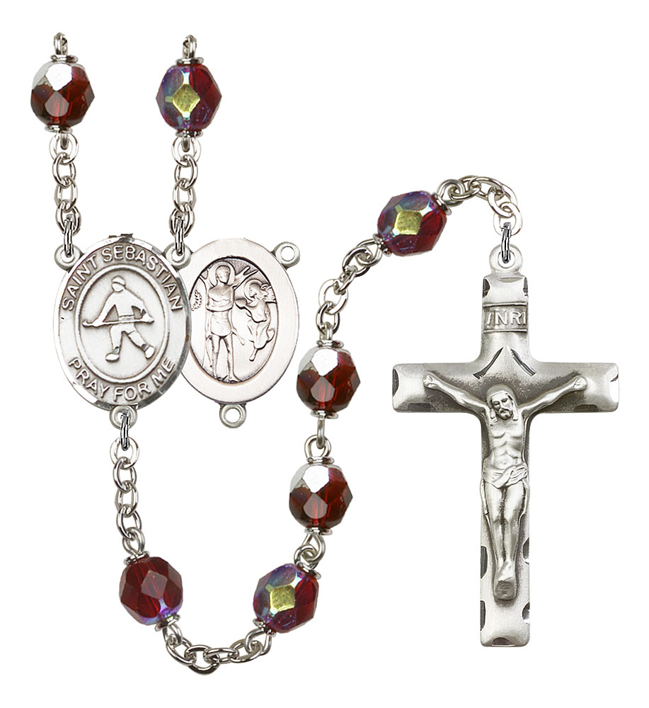 Saint Sebastian and Field Hockey Rosary with Garnet Aurora Borealis Beads