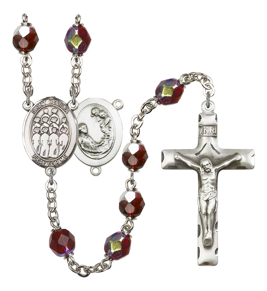 Saint Cecilia and Choir Rosary with Garnet Aurora Borealis Beads
