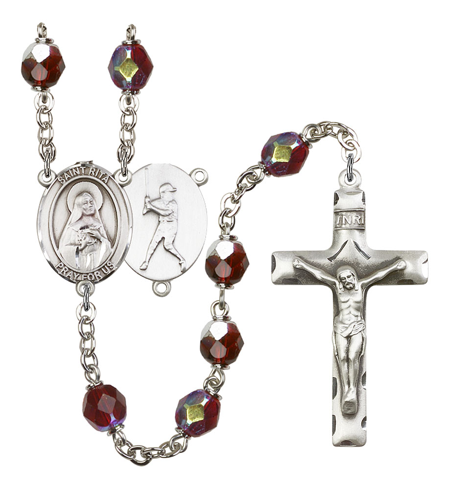 Saint Rita and Baseball Rosary with Garnet Aurora Borealis Beads