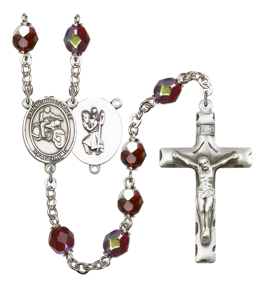 Saint Christopher and Motorcycle Rosary with Garnet Aurora Borealis Beads