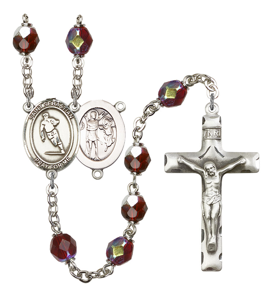 Saint Sebastian and Rugby Rosary with Garnet Aurora Borealis Beads