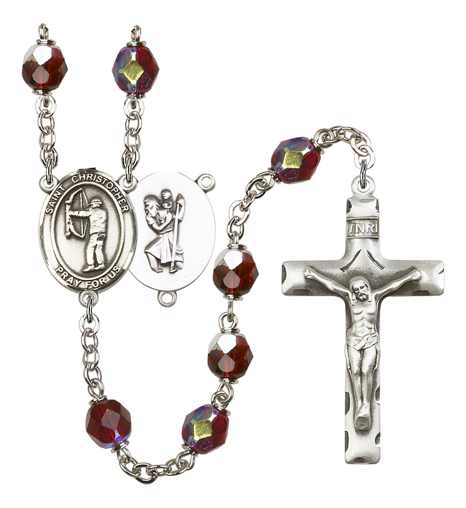 Saint Christopher and Archery Rosary with Garnet Aurora Borealis Beads