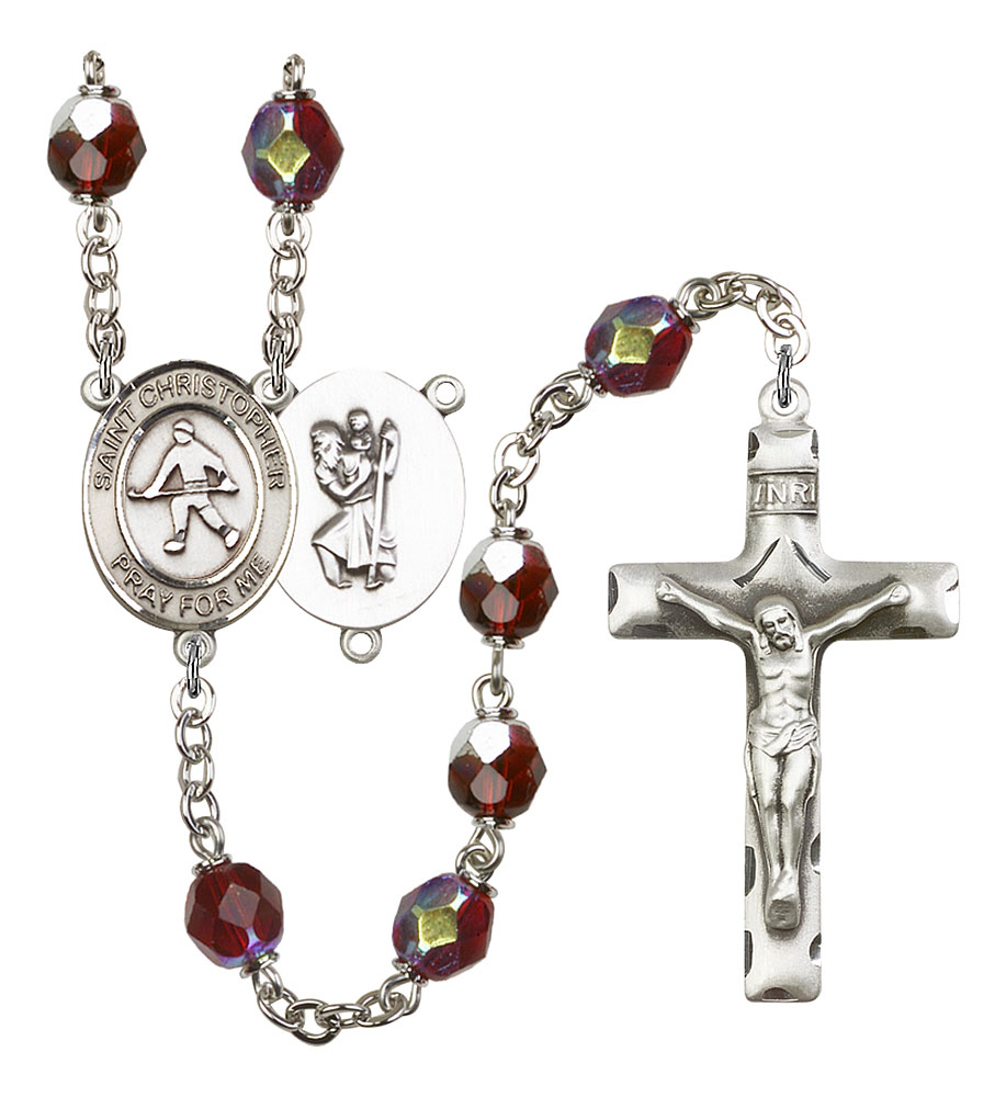 Saint Christopher and Field Hockey Rosary with Garnet Aurora Borealis Beads