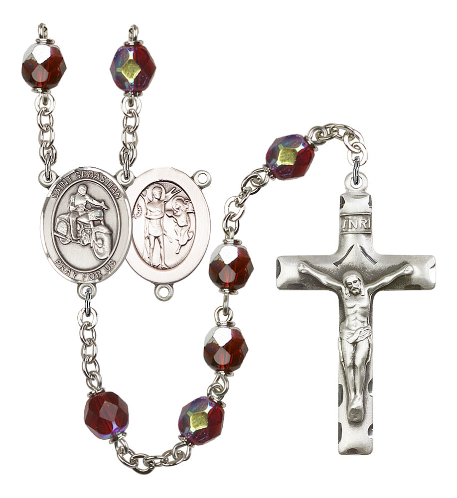 Saint Sebastian and Motorcycle Rosary with Garnet Aurora Borealis Beads
