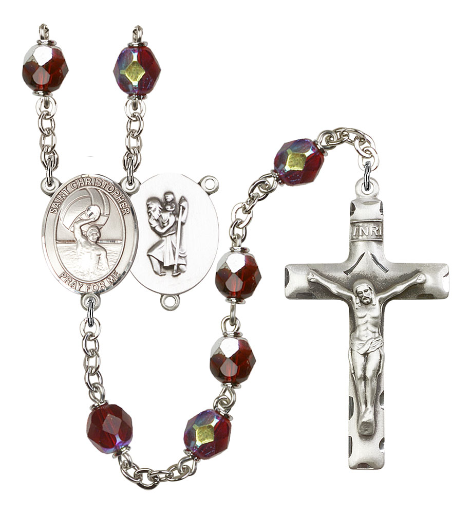 Saint Christopher and Water Polo-Men Rosary with Garnet Aurora Borealis Beads