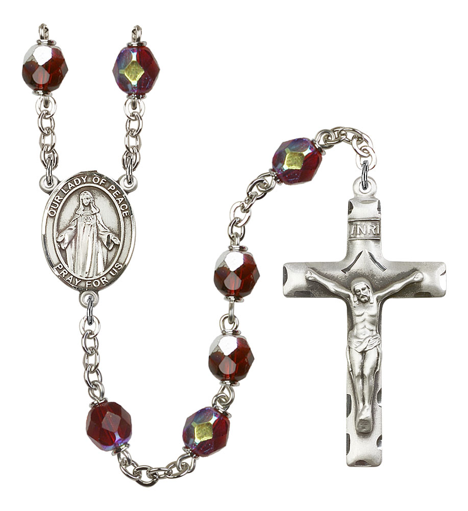 Our Lady of Peace Engravable Rosary with Garnet Aurora Borealis Beads