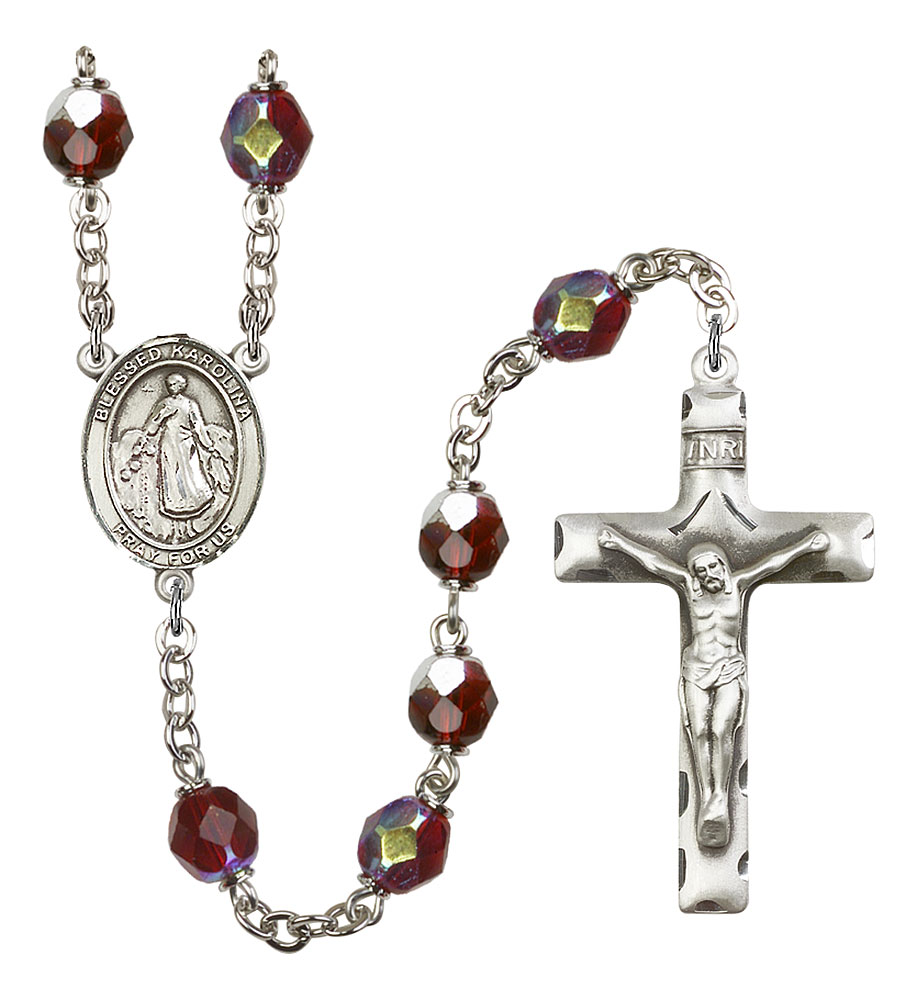 Blessed Karolina Kozkowna Engravable Rosary with Garnet Aurora Borealis Beads
