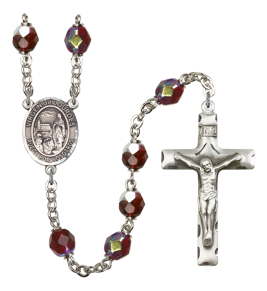 Virgen del Lourdes Engravable Rosary with Garnet Aurora Borealis Beads