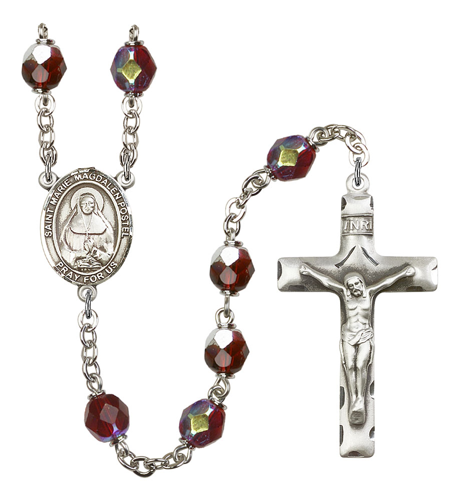 Saint Marie Magdalen Postel Engravable Rosary with Garnet Aurora Borealis Beads