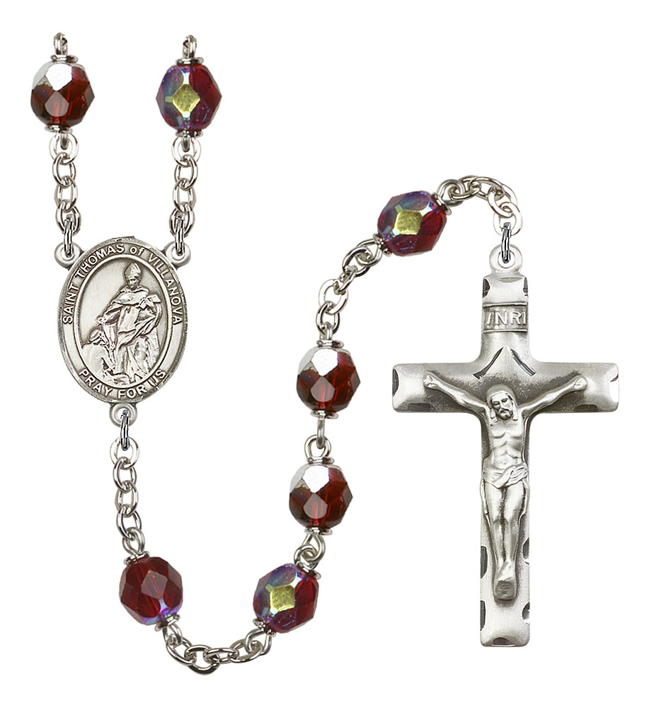 Saint Thomas of Villanova Engravable Rosary with Garnet Aurora Borealis Beads