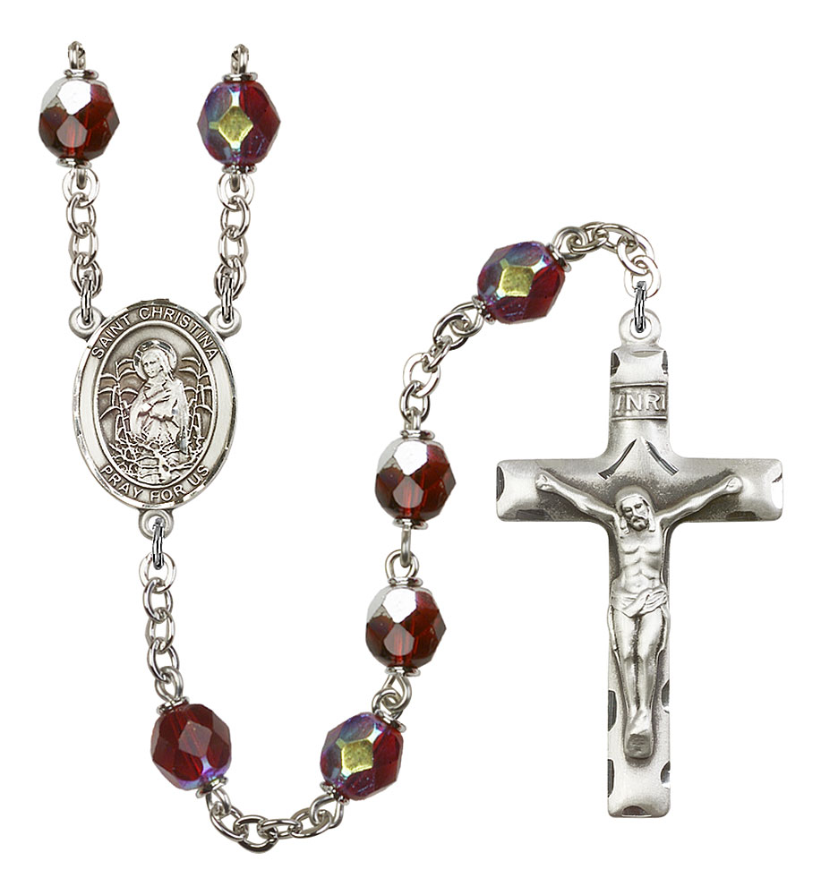 Saint Christina the Astonishing Engravable Rosary with Garnet Aurora Borealis Beads