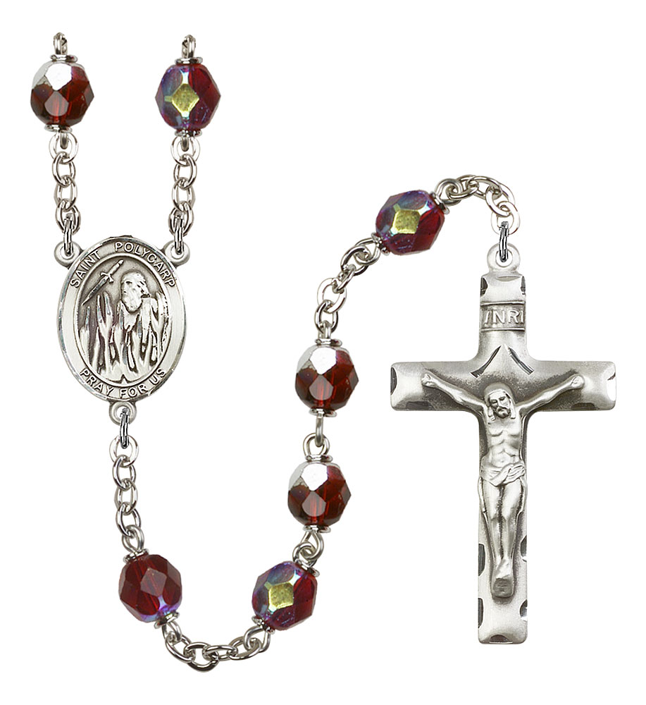 Saint Polycarp of Smyrna Engravable Rosary with Garnet Aurora Borealis Beads