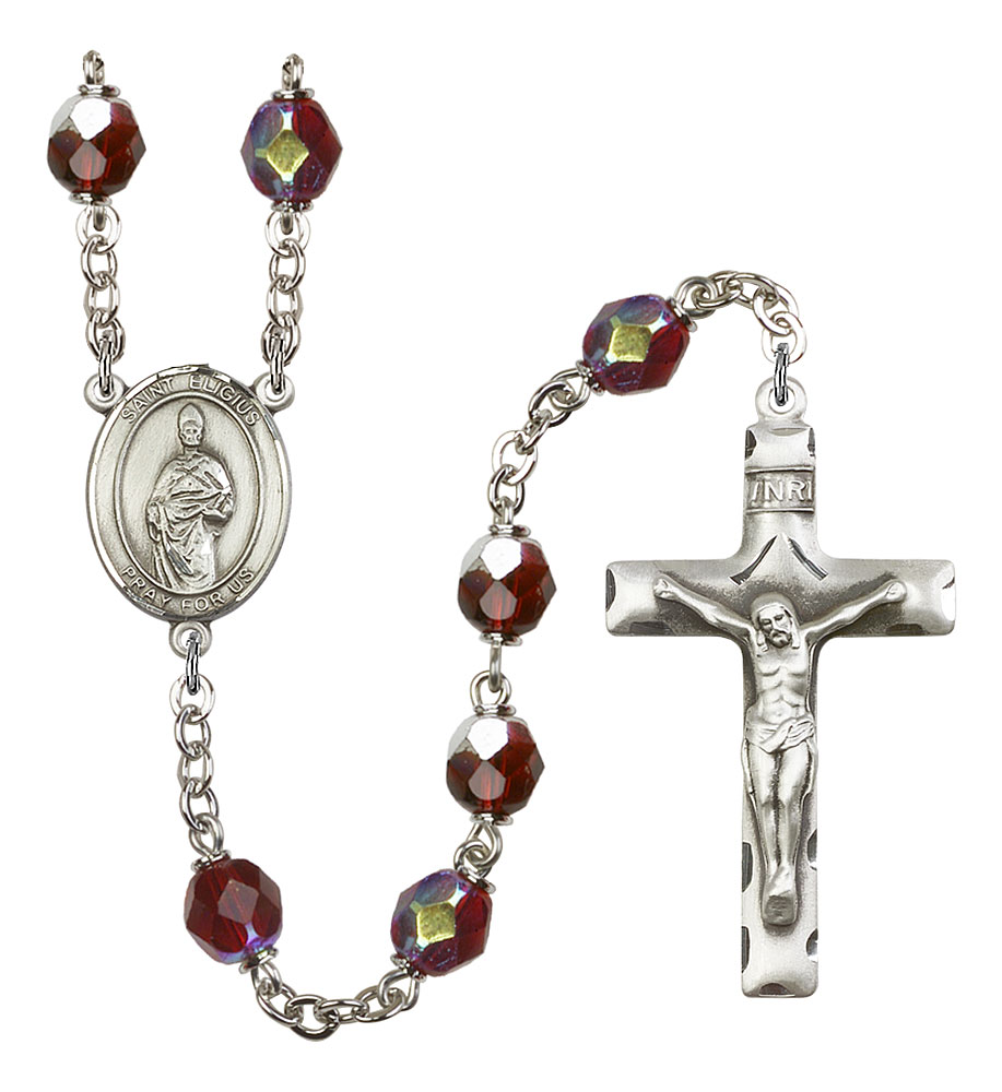 Saint Eligius Engravable Rosary with Garnet Aurora Borealis Beads