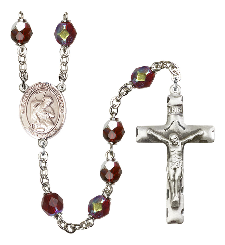Blessed Herman the Cripple Engravable Rosary with Garnet Aurora Borealis Beads