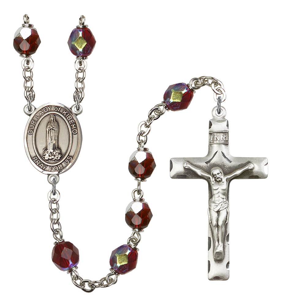 Our Lady of Kibeho Engravable Rosary with Garnet Aurora Borealis Beads