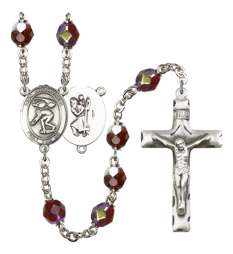 Saint Christopher and Swimming Rosary with Garnet Aurora Borealis Beads