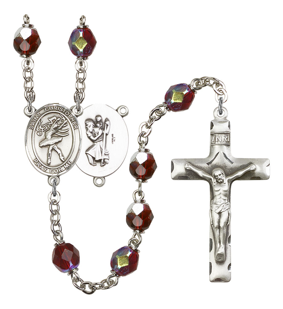Saint Christopher and Dance Rosary with Garnet Aurora Borealis Beads