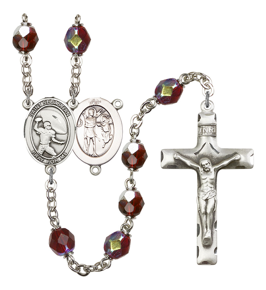 Saint Sebastian and Football Rosary with Garnet Aurora Borealis Beads