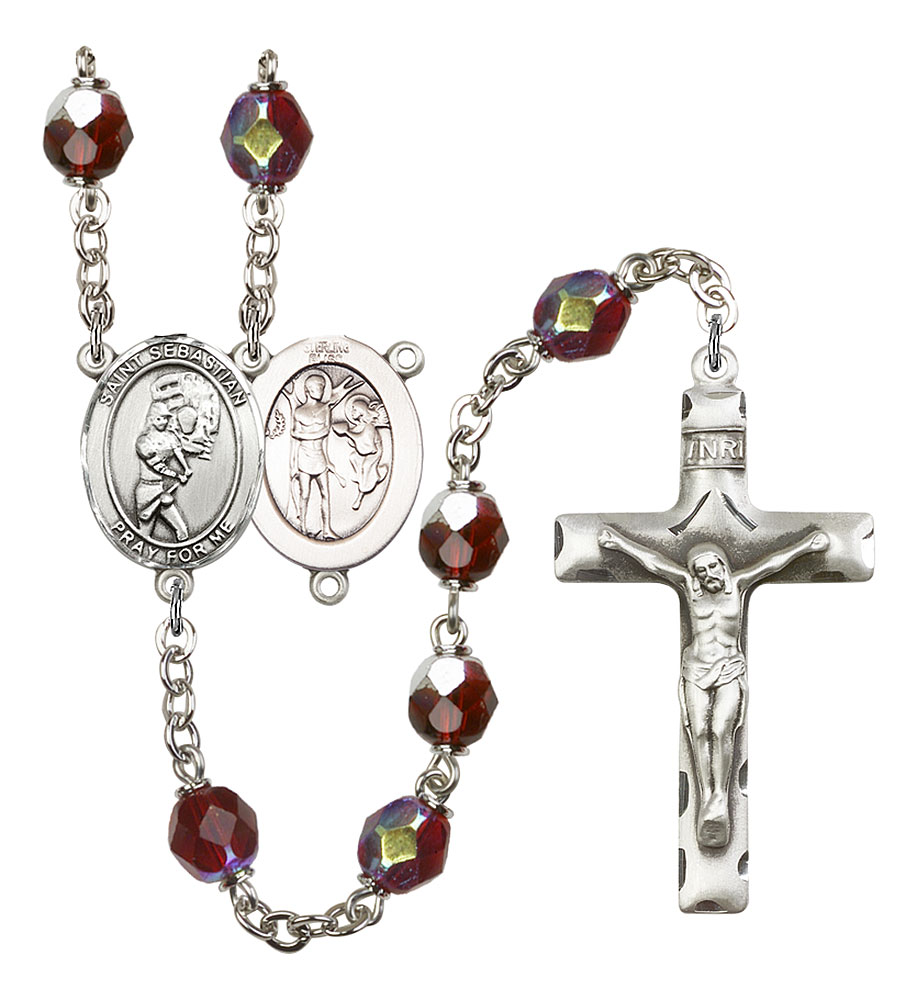 Saint Sebastian and Softball Rosary with Garnet Aurora Borealis Beads