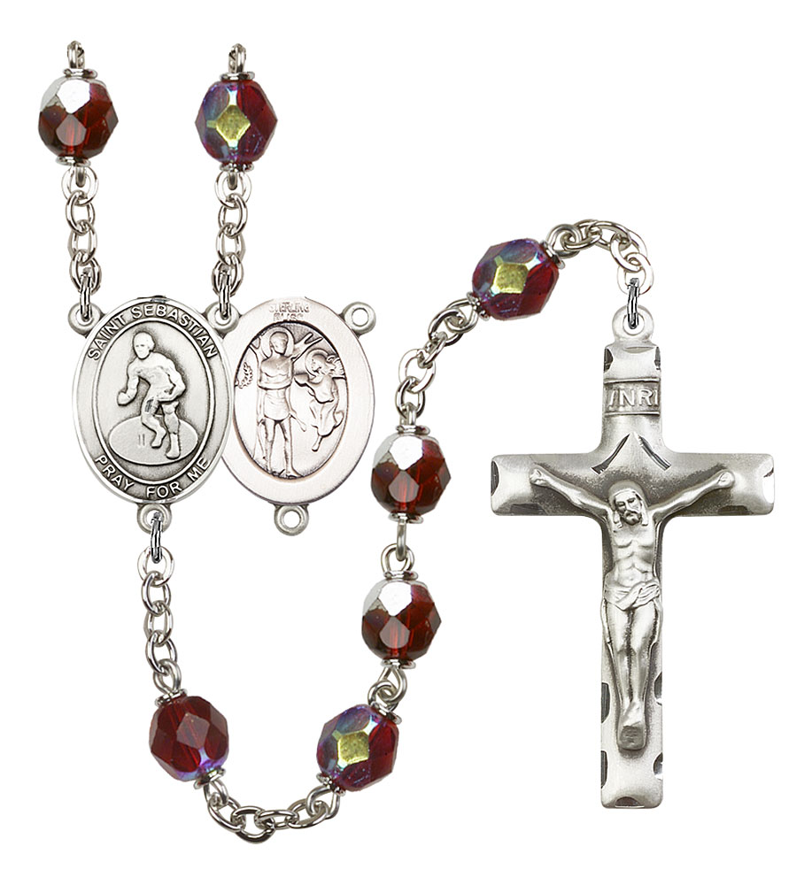 Saint Sebastian and Wrestling Rosary with Garnet Aurora Borealis Beads