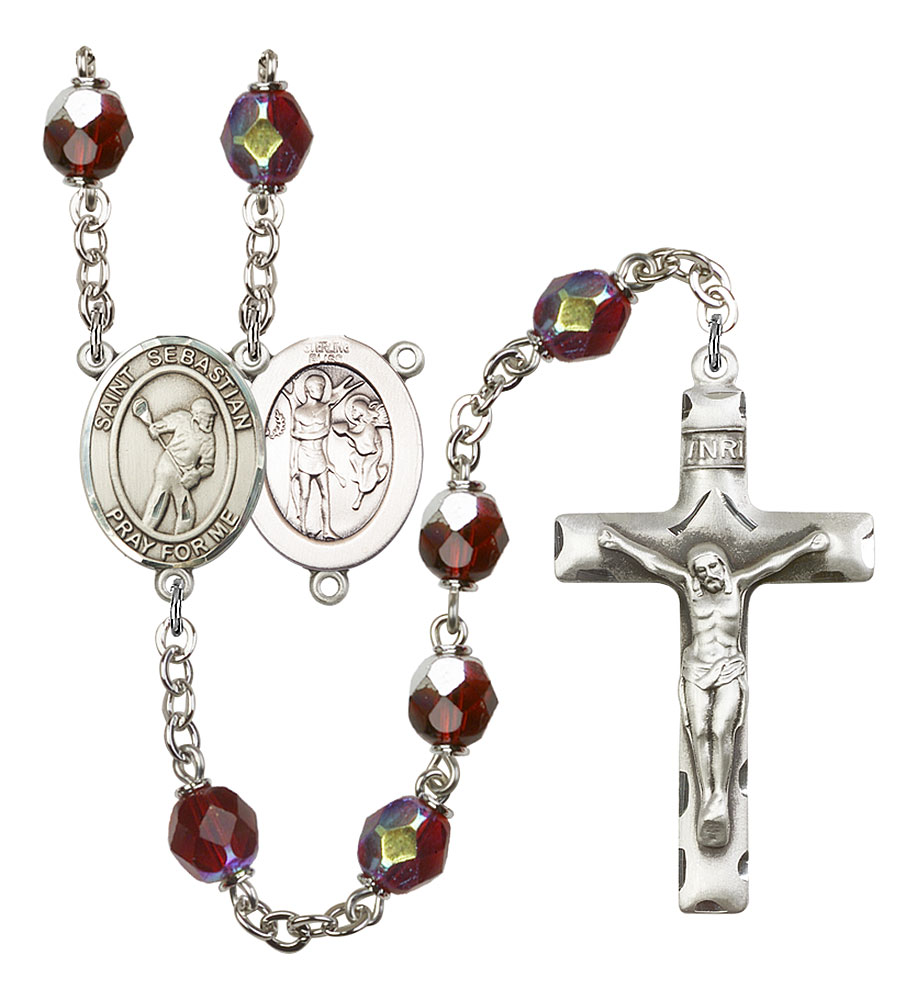 Saint Sebastian and Lacrosse Rosary with Garnet Aurora Borealis Beads