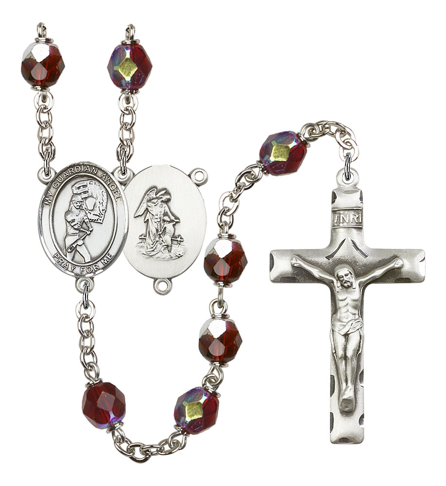 Softball and GUARDIAN ANGEL Rosary with Garnet Aurora Borealis Beads
