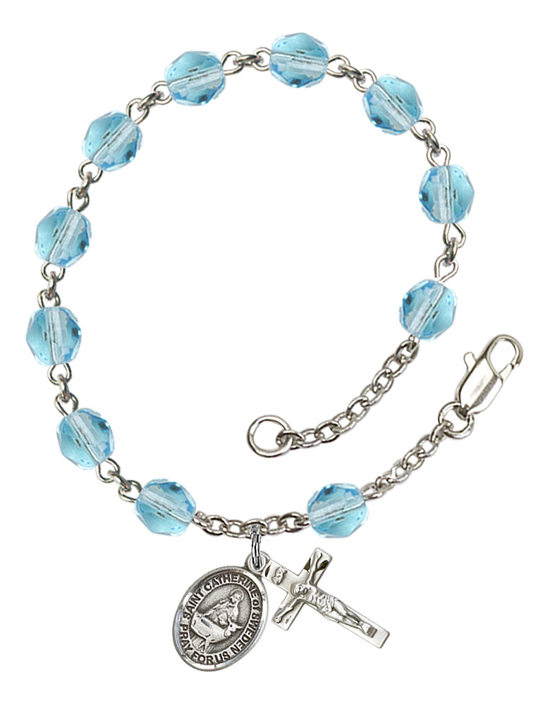 Saint Catherine of Sweden Engravable Rosary Bracelet with Aqua Beads