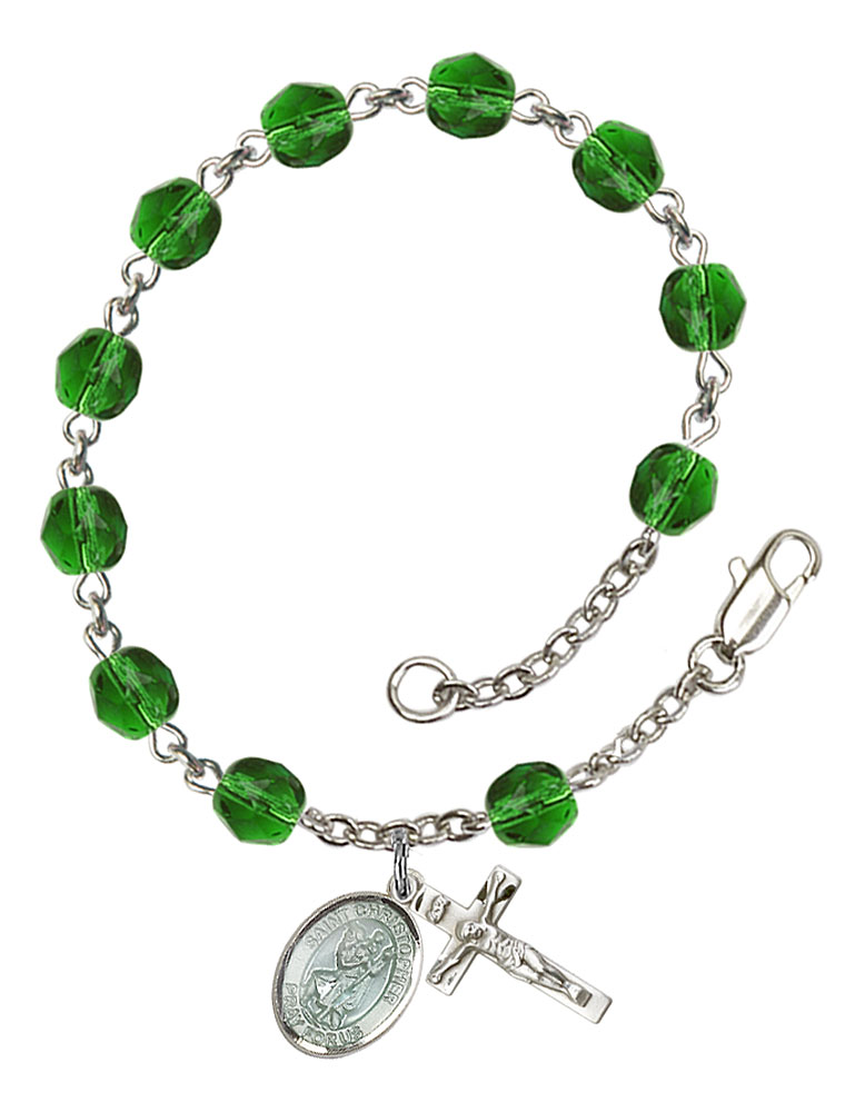 Saint Christopher Engravable Rosary Bracelet with Emerald Beads