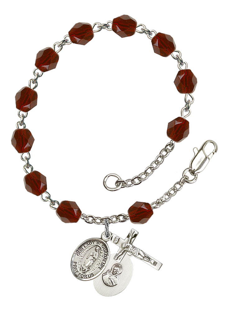 18-Inch Rhodium Plated Necklace with 6mm Sapphire Birthstone Beads and Sterling Silver Saint Justin Charm. 