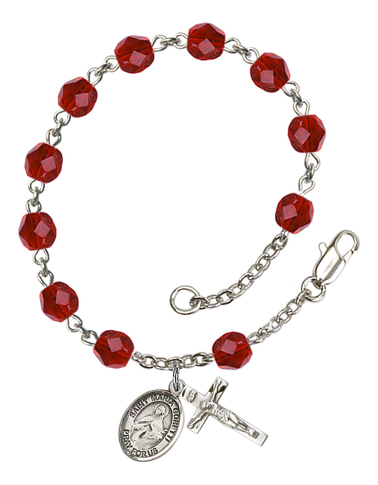 18-Inch Rhodium Plated Necklace with 4mm Ruby Birthstone Beads and Sterling Silver Saint Sebastian Volleyball Charm. 