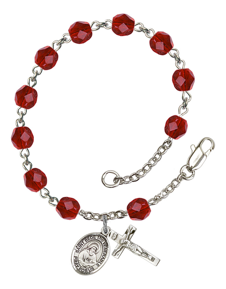 18-Inch Rhodium Plated Necklace with 6mm Ruby Birthstone Beads and Sterling Silver Faith Hope & Charity Charm.