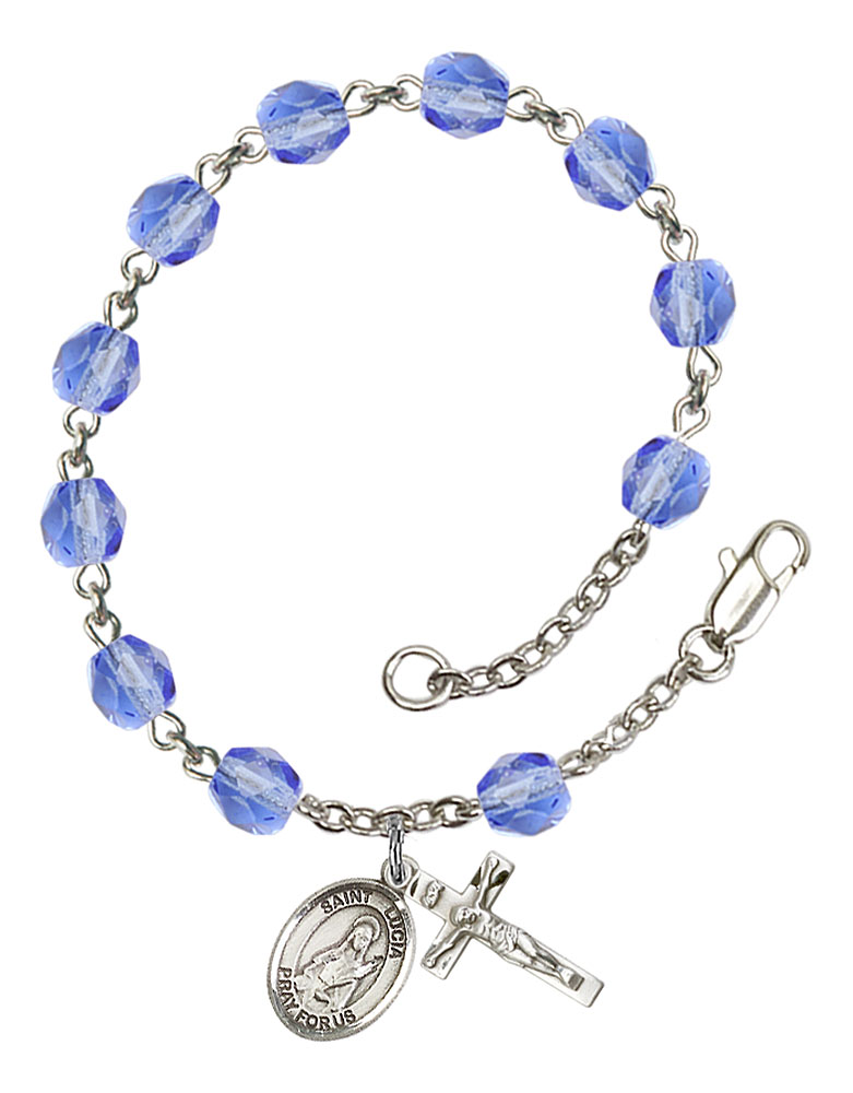 18-Inch Rhodium Plated Necklace with 4mm Sapphire Birthstone Beads and Sterling Silver Saint Winifred of Wales Charm. 