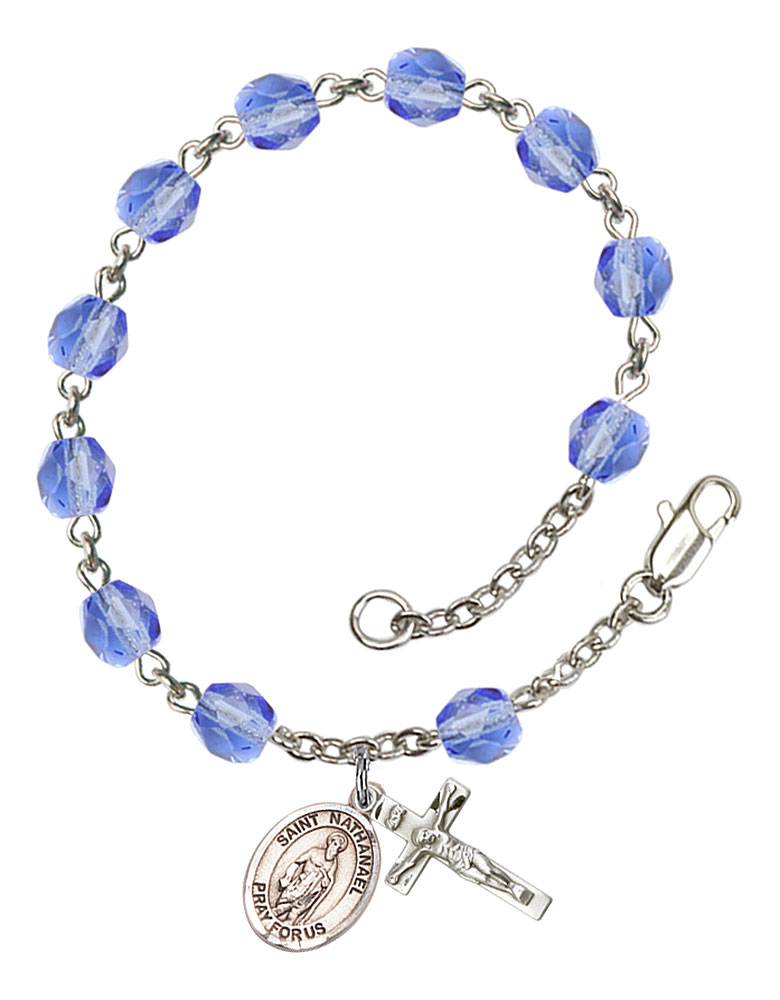 Saint Nathanael Engravable Rosary Bracelet with Sapphire Beads