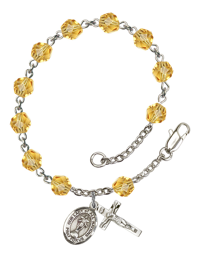 Our Lady of All Nations Engravable Rosary Bracelet with Topaz Beads