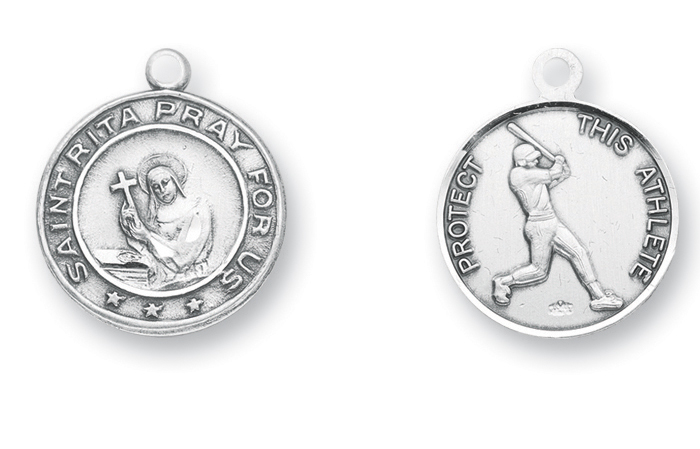 15/16-inch Sterling Silver St. Rita/Baseball Medal with 24-inch Chain and Box
