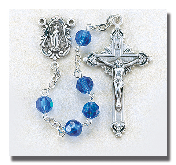 Tin Cut Crystal Caribbean Blue Rosary - Engravable