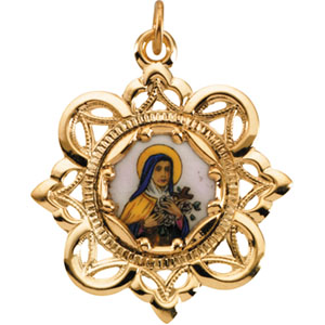 10K Yellow St Theresa Framed Enamel Pendant