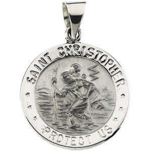 14K White Gold Round Hollow St. Christopher Pendant